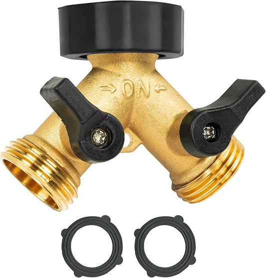 Brass Garden Hose Splitter 2 Way, Hose Y Splitter 3/4 Inch Heavy Duty Brass Hose Connector Tap Splitter, Hose Spigot Adapter 2 Valves with Rubber Washers (1 Pack)