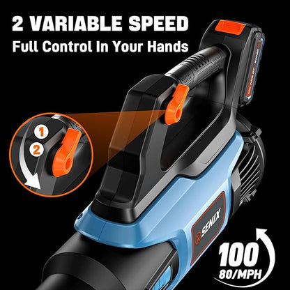 SENIX 20V Max Leaf Blower, Cordless, Brushless, Handheld, Up to 450 CFM and 100 MPH, 2 Speed Mode, Cruise Control, Lightweight, 5.0 Ah Battery and Charger Included (BLAX2-M3)