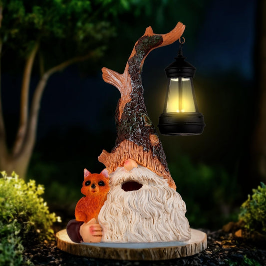 Solar Fox Gnomes Garden Statue with Lantern, Outdoor Resin Decor for Lawn, Yard, Patio – Whimsical Gift for Mom, Women, Grandma (Fox Gnomes)