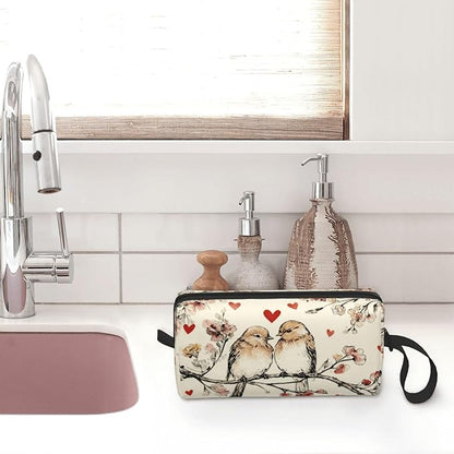 Vintage Lovebirds Floral Hearts Makeup Bag Organizer Compact & Durable Birds Travel Cosmetic Bag Oxford Fabric Impact-Resistant Multi-Purpose Storage Perfect for Travel, Gym, Daily Use
