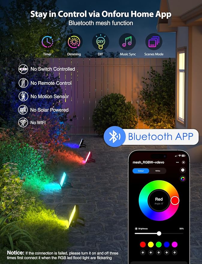 Onforu LED Flood Light Outdoor 25W 2000LM, Color Changing Led Stage Lights Bluetooth APP Control Uplighting, 4 Pack 2700K RGBW Uplights for Events, Spot Lights 16 Million Colors Music Sync, IP66