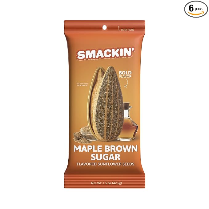 SMACKIN' Sunflower Seeds, Roasted Jumbo Small-Batch, American Made - Maple Brown Sugar. 1.5oz bags (6 Pack)