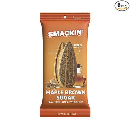 SMACKIN' Sunflower Seeds, Roasted Jumbo Small-Batch, American Made - Maple Brown Sugar. 1.5oz bags (6 Pack)