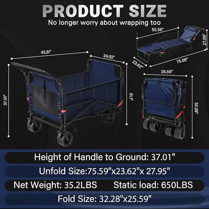 LEVELEVE Heavy Duty Folding Wagon - 2-in-1 Collapsible Cart, 650lb Capacity, All-Terrain Wheels w/Brakes & Side Pockets (Blue)
