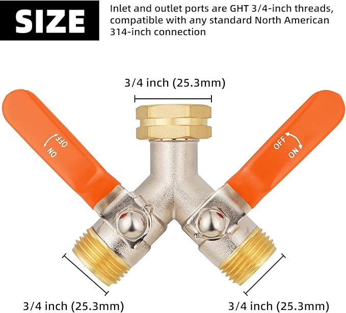 2 Way Hose Splitter, Brass High Flow Garden Hose Splitter Heavy Duty, Hose Connector, Water Spigot Splitter, Full Flow Faucet Splitter with shutoff, 3/4” GHT Inlet