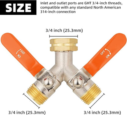 2 Way Hose Splitter, Brass High Flow Garden Hose Splitter Heavy Duty, Hose Connector, Water Spigot Splitter, Full Flow Faucet Splitter with shutoff, 3/4” GHT Inlet