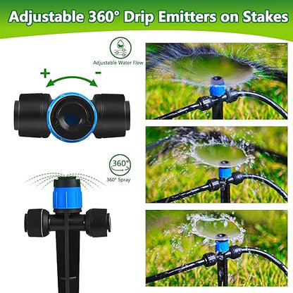 Push-to-Fit Drip Irrigation Vortex Emitters for 1/4" Drip Irrigation Tubing, 20 Pcs Adjustable 360 Degree Water Flow Fan Shape Drippers with Stake in-Line Drip System Emitter