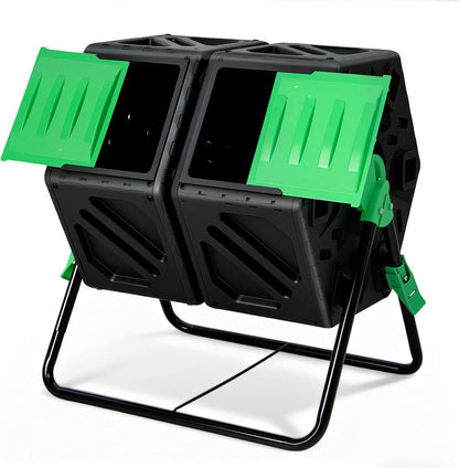 Dual Chamber Outdoor Compost Tumbler, Heavy-Duty Rotating Composter with Aeration & 2 Sliding Doors, 34.5 Gallon Composting Bin for Garden Kitchen Yard Waste
