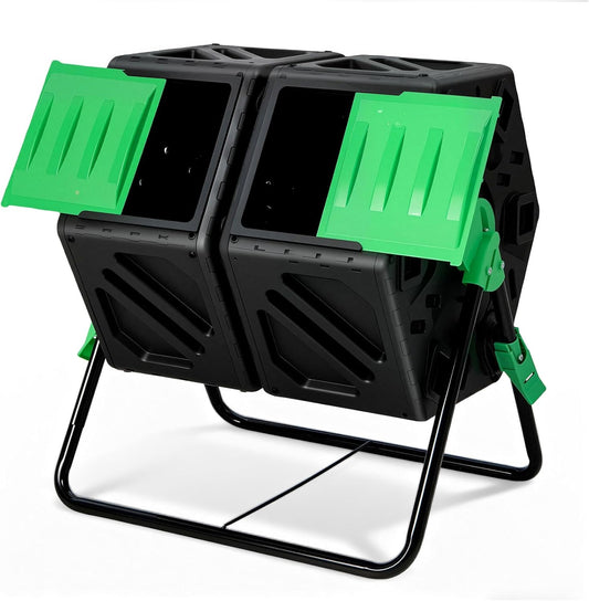 Dual Chamber Outdoor Compost Tumbler, Heavy-Duty Rotating Composter with Aeration & 2 Sliding Doors, 34.5 Gallon Composting Bin for Garden Kitchen Yard Waste