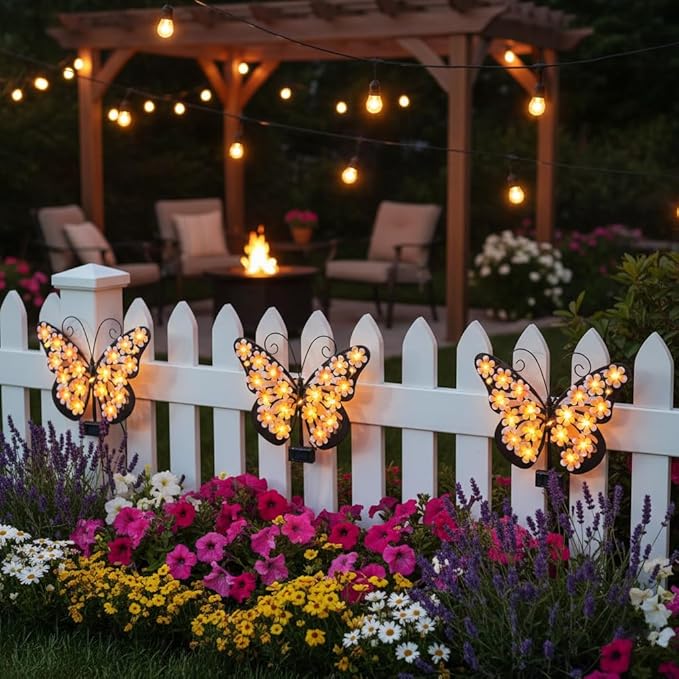 for Women Solar Lights Outdoor Metal Butterfly Wall Decor with 30 Led - 13.5" Outdoor Fence Wall Art,Hanging Decoration for Garden Patio Porch Yard,Xmas Gifts for Mom Grandma