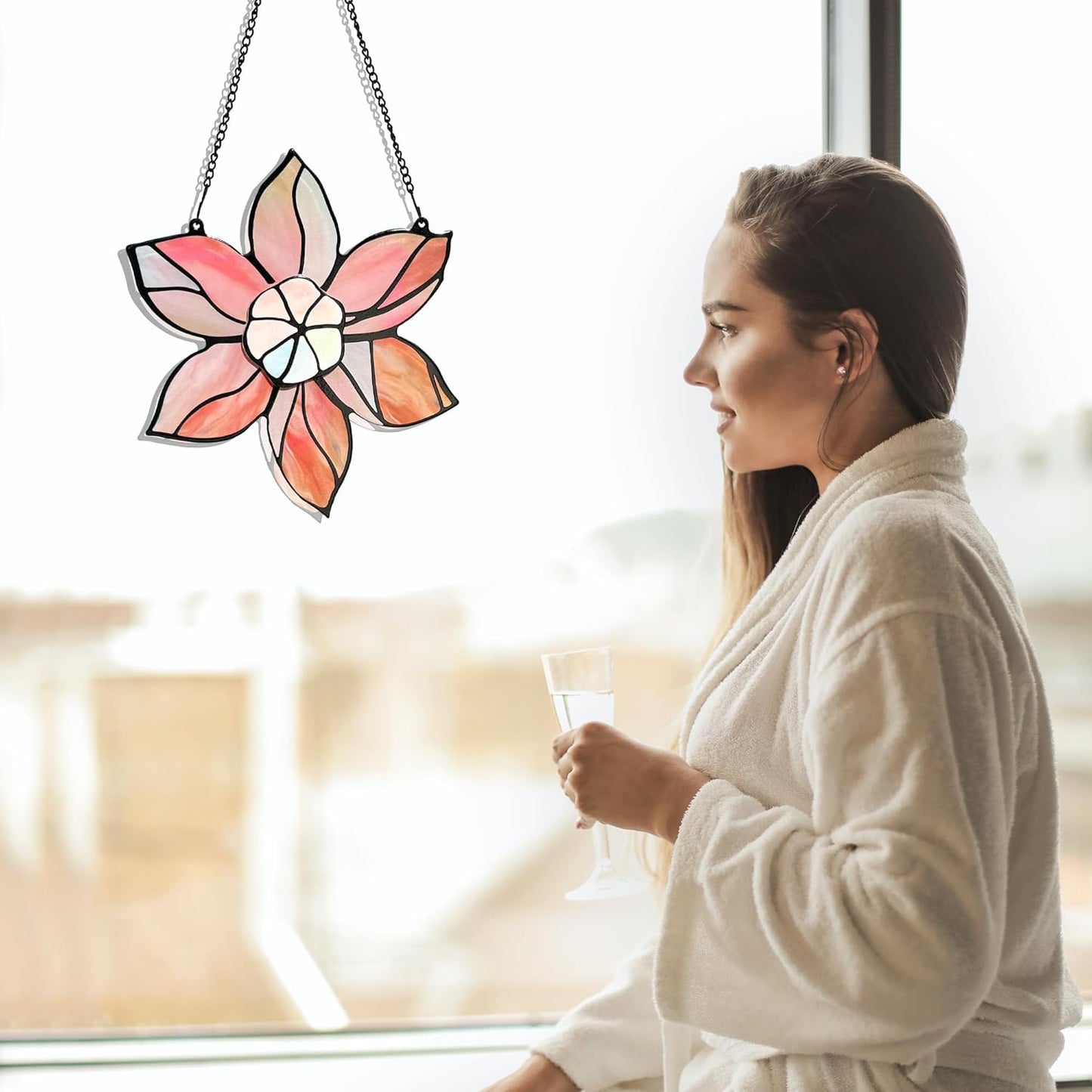 Stained Glass Window Hanging - Pink Flowers Suncatchers for Windows Hanging Floral Sun Catcher for Plant Lovers Anniversary Love Gift