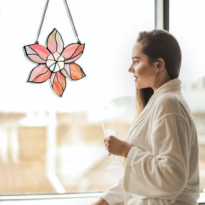 Stained Glass Window Hanging - Pink Flowers Suncatchers for Windows Hanging Floral Sun Catcher for Plant Lovers Anniversary Love Gift