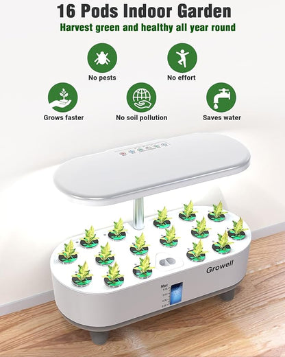 Hydroponics Growing System Kit, 16 Pods Indoor Garden with 28W Full Spectrum LED Grow Light, Auto Timer, 3 Smart Light Modes, 8L Large Herb Garden, Ideal Gardening Gift for Women, Men (White)