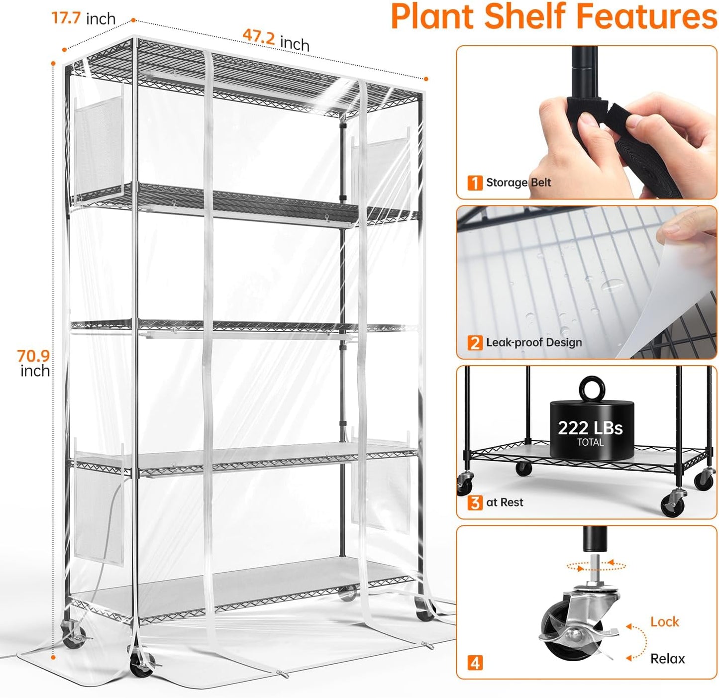 Bstrip Indoor Greenhouse with Grow Light, Tall Plant Stand with 4 Pack Full Spectrum Plant Lights , 3 Color Modes, Plant Shelf with Tent for Indoor Plant, Seed Starting, Seed Tray, 47.2"x17.8"x71"