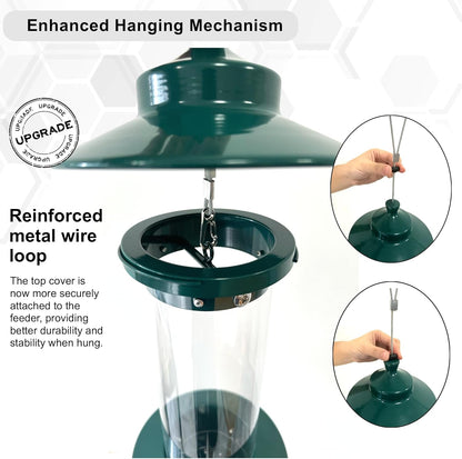Squirrel Proof Bird Feeders, Heavy Duty Metal Wild Bird Feeders, Bird Feeders for Outdoors Hanging, Large Capacity, Easy-to-Fill and Clean, 4 Metal Perches, 2.5L, Garden Green