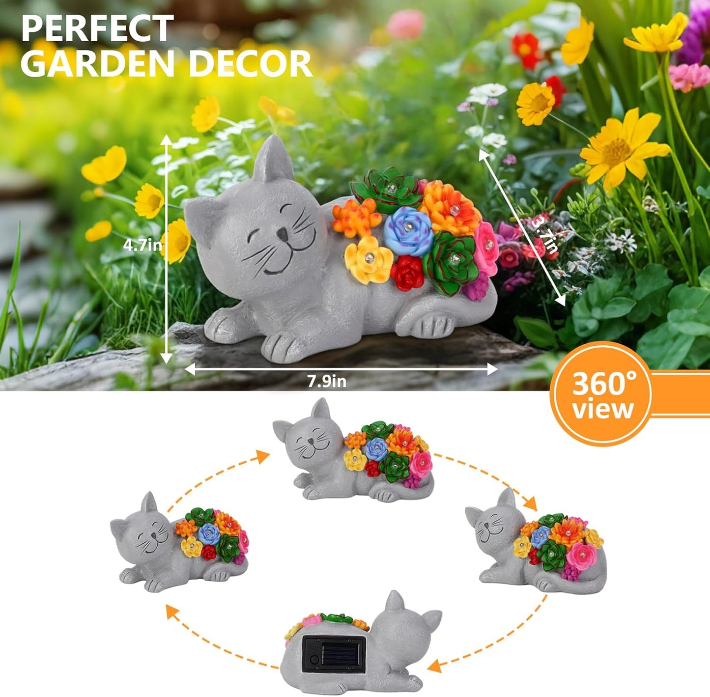 Solar Garden Decor Cat Statue Lights, Birthday Gifts for Women Mom and Cat Lover, Outdoor Decor with Succulentss and 6 LED Lights for Yard Art Lawn Patio Porch