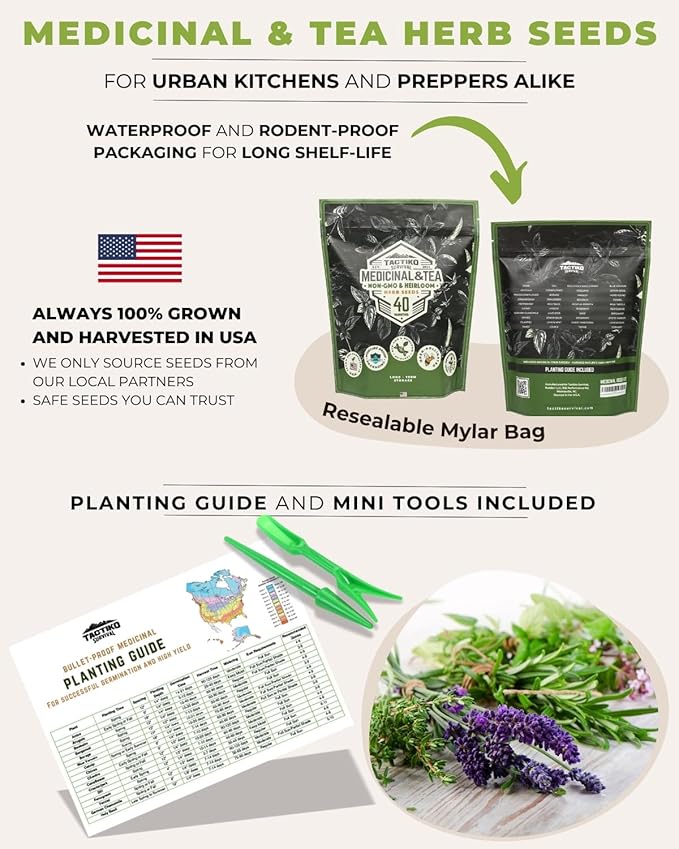 Tactiko Survival 40 Medicinal and Tea Herb Seeds Variety Pack, Indoor and Outdoor Herb Garden Kit, USA Grown Heirloom Non-GMO, Herbal Apothecary for Teas, Resealable Mylar for Long-Term Storage
