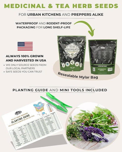 Tactiko Survival 40 Medicinal and Tea Herb Seeds Variety Pack, Indoor and Outdoor Herb Garden Kit, USA Grown Heirloom Non-GMO, Herbal Apothecary for Teas, Resealable Mylar for Long-Term Storage