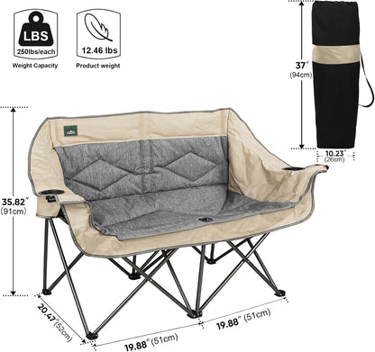 Northroad Folding Loveseat Camping Chair Portable Double Duo Full Padded Garden Chair for 2 Person Sofa w/ 2 Cup Holder,Wine Glass Holder,Mesh Storage,Support 600lbs for Picnic Beach Travel (Beige)