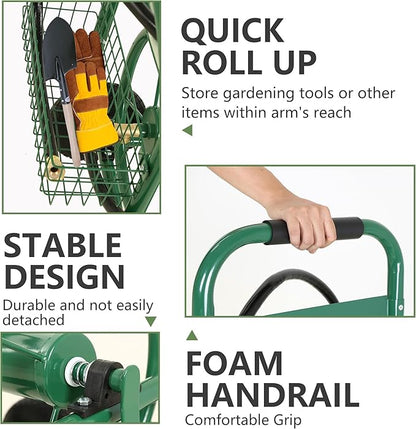 Hose Reel Hold Up To 300 Ft Heavy Duty Garden Hose Reel Sturdy Water Hose Reel Cart with 4 Wheels Storage Basket for Garden Lawn Yard Outdoor (Green)