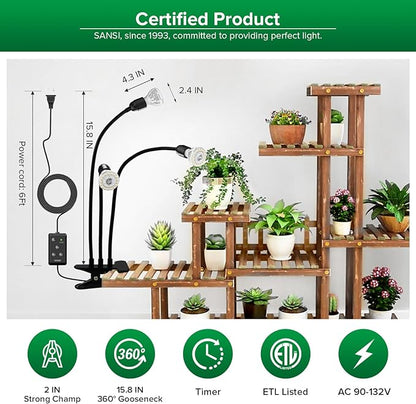 SANSI LED Grow Lights for Indoor Plants, Lifetime Free Bulb Replacement, 450W Full Spectrum 3-Gooseneck Clip Plant Grow Light, Plant Light with Timer 4/8/12 Hrs, High PPFD Growing Power Grow Lamp