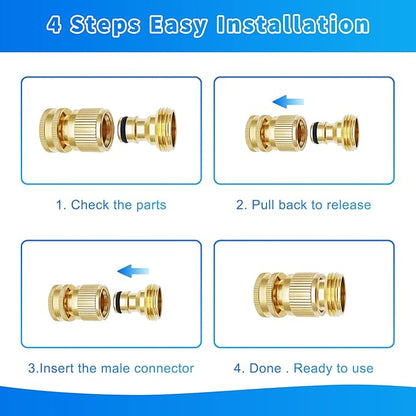 Garden Hose Quick Connector 3/4 Inch GHT, Solid Brass No-Leak Kit (4 Sets: 4 Male + 4 Female) - Quick Connect Fittings for Water Hose