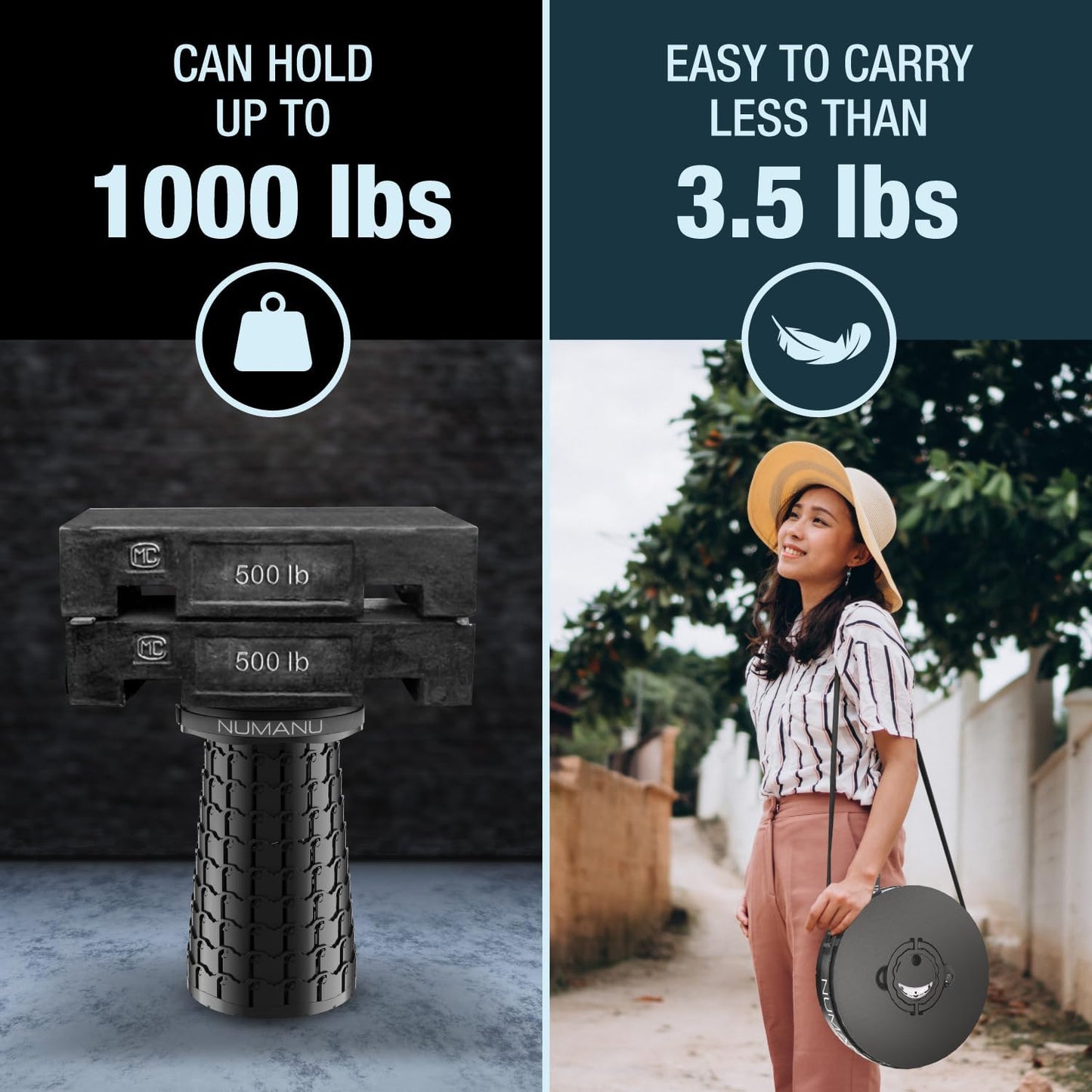 NUMANU 2025 Upgraded XXL Collapsible Stool with Cushion & Carry Bag, 2.7"-19.7", Max 1000lbs Foldable Telescoping Camping Stool Portable Seat Pop Up Chair or Footrest (1Pack: Stool, Cushion, Bag)