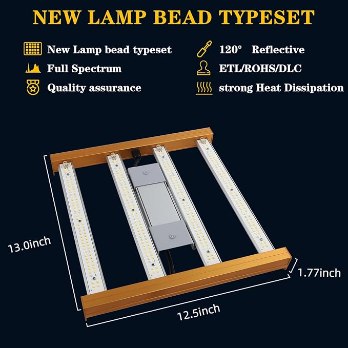 CANAGROW CG1200 LED Grow Light for Indoor Plants 2x2ft Coverage with High Yield Diodes, Sunlike Full Spectrum Dimmable Growing Lamps for Hydroponic Indoor Seeding Veg Bloom Greenhouse(Gold)