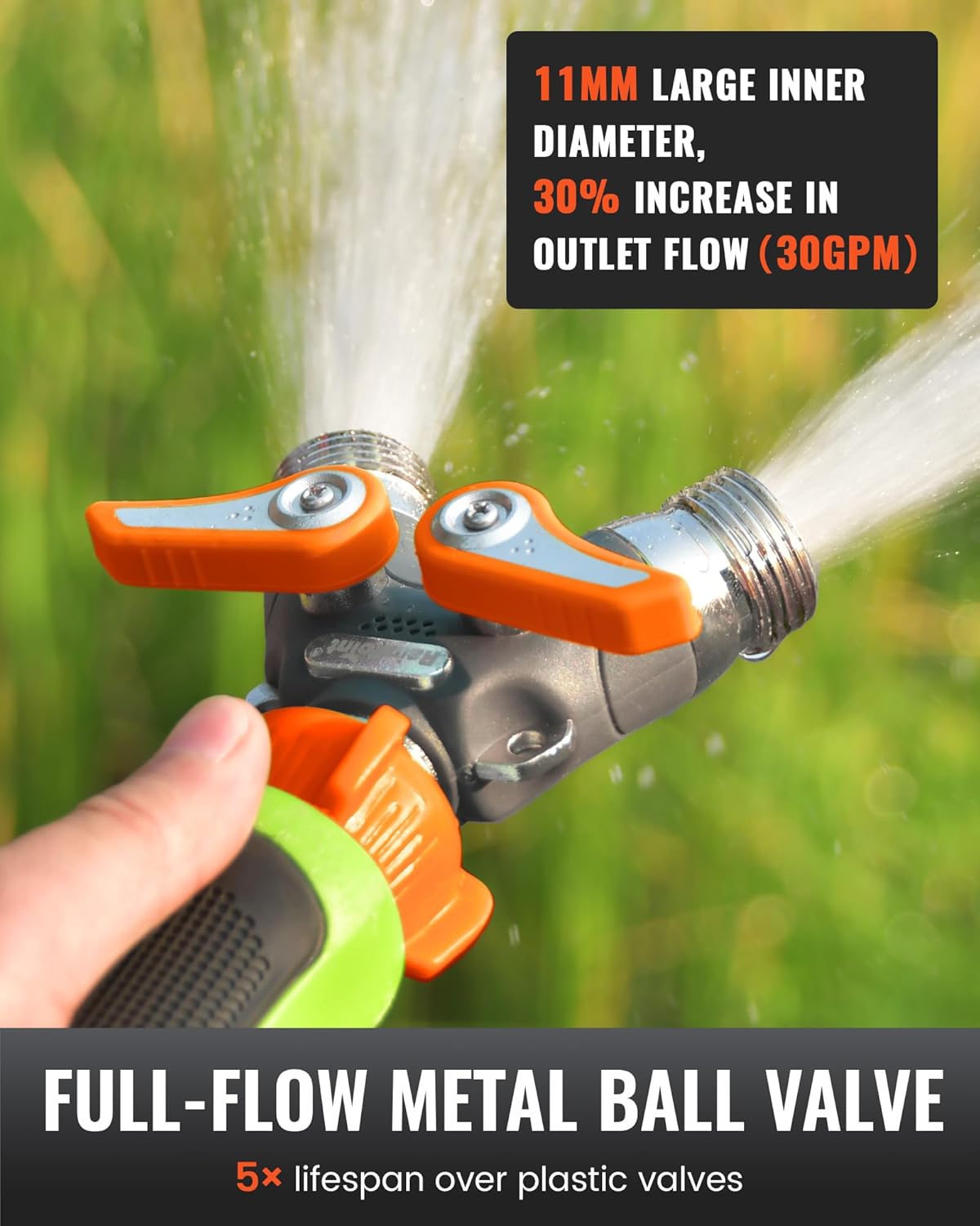 RAINPOINT Garden Hose Splitter, 2 Way Heavy Duty Water Hose Y Spigot Splitter with Shutoff Valves, 100% Metal Body Outdoor Faucet Splitter, 1.9" Extra Long Metal Handle, 3/4" GHT Thread (2, Orange)