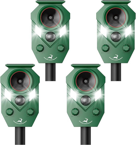 Ultrasonic Deer Repellent Devices Outdoor, 4 Pack Solar Animal Repellent Outdoor for Yard Garden Rabbit Repellent Device Effective Repel Cat, Dog, Squirrel, Deer, Raccoon, Rabbit, and Skunk