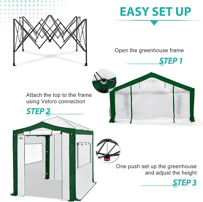 EAGLE PEAK 8x6 Portable Walk in Greenhouse with Polyester Reinforced Corners, Instant Pop Up Indoor Outdoor Gardening Green House, Roll Up Zipper Entry Doors and Mesh Windows, Green/White