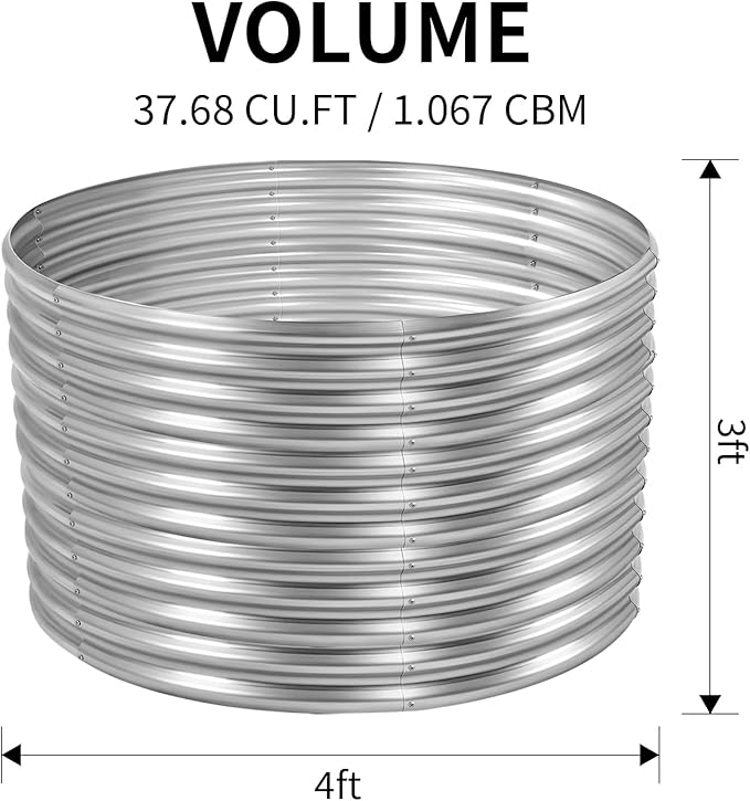Land Guard 4×4×3ft Galvanized Raised Garden Bed Kit, Round Galvanized Planter Raised Garden Boxes Outdoor, Large Metal Raised Garden Beds for Vegetables, Silver