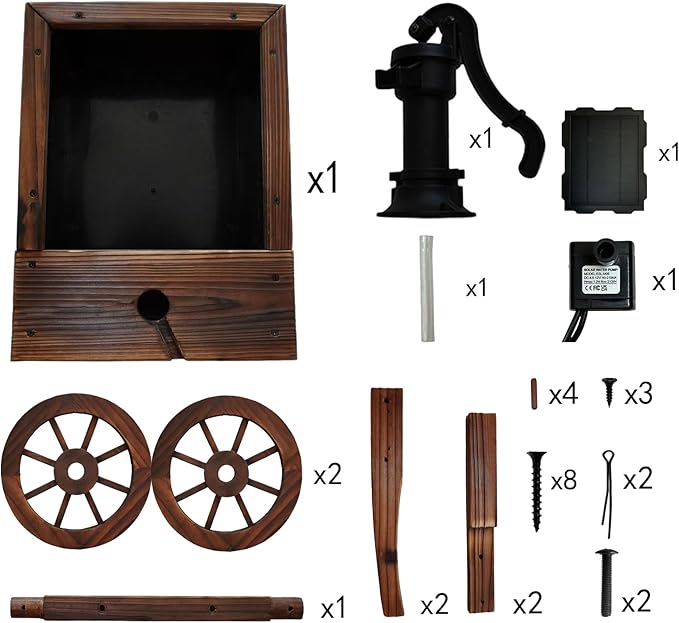 Carbonized Wood Outdoor Freestanding Fountain - Movable Vintage Hand Pump Cart, Plug-in Water Pump Electric Decorative Water Feature for Patio, Garden & Indoor Decoration