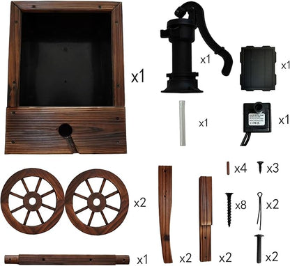 Carbonized Wood Outdoor Freestanding Fountain - Movable Vintage Hand Pump Cart, Plug-in Water Pump Electric Decorative Water Feature for Patio, Garden & Indoor Decoration