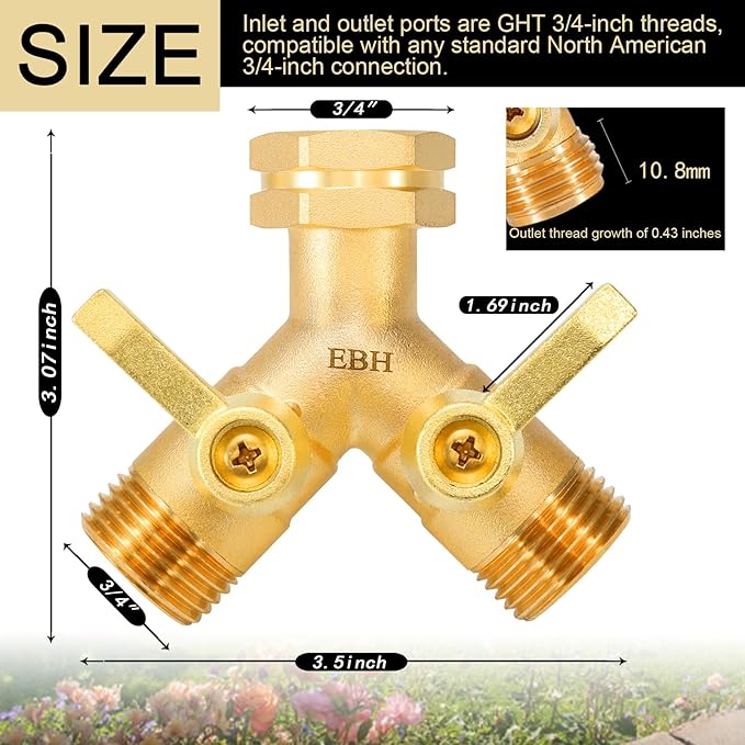 EBH Garden Hose Splitter 2 Way Full Flow, Y Valve High Flow Brass Hose Diverter, Metal Long Handle With Shutoff, GHT 3/4-Inch Heavy Duty Hex Female Inlet and 3/4-Inch Male Outlet