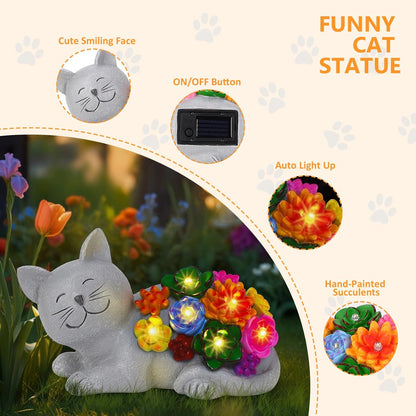 Solar Garden Decor Cat Statue Lights, Birthday Gifts for Women Mom and Cat Lover, Outdoor Decor with Succulentss and 6 LED Lights for Yard Art Lawn Patio Porch