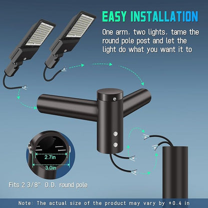 Mounting Bracket Tenon Adapter, Solid Heavy Duty Double Horizontal for Round Pole 2-3/8"0.D. Twin Spoke Extended Bracket Arm for Slip Fitter Parking Lot Light Mount Street Shoebox Lights