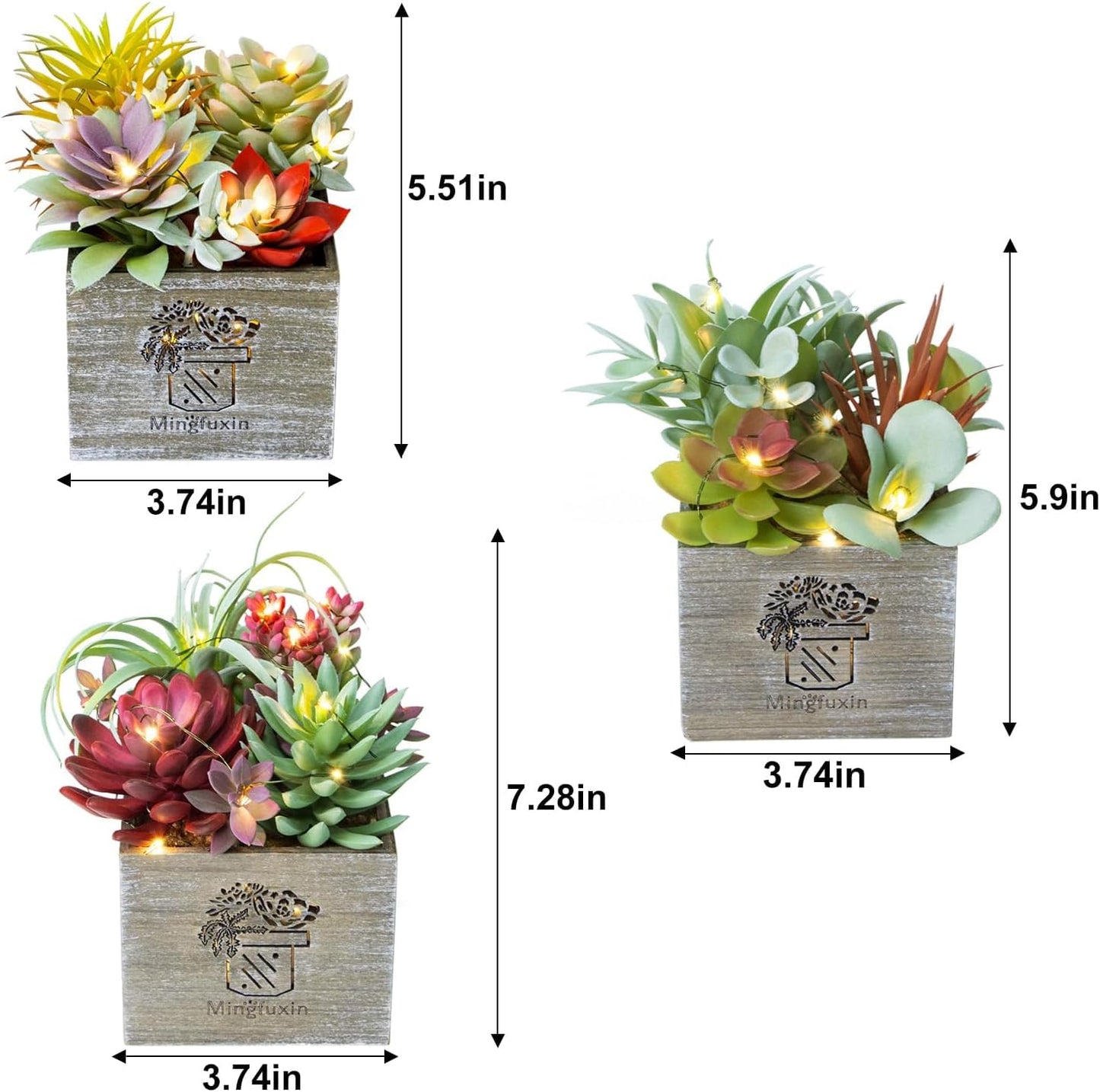 Mingfuxin Succulents Plants Artificial with Light, Small Fake Plants in Pots for Home Decor, Potted Decorative Succulents Plants for Table Desk Bathroom Office Room Decor