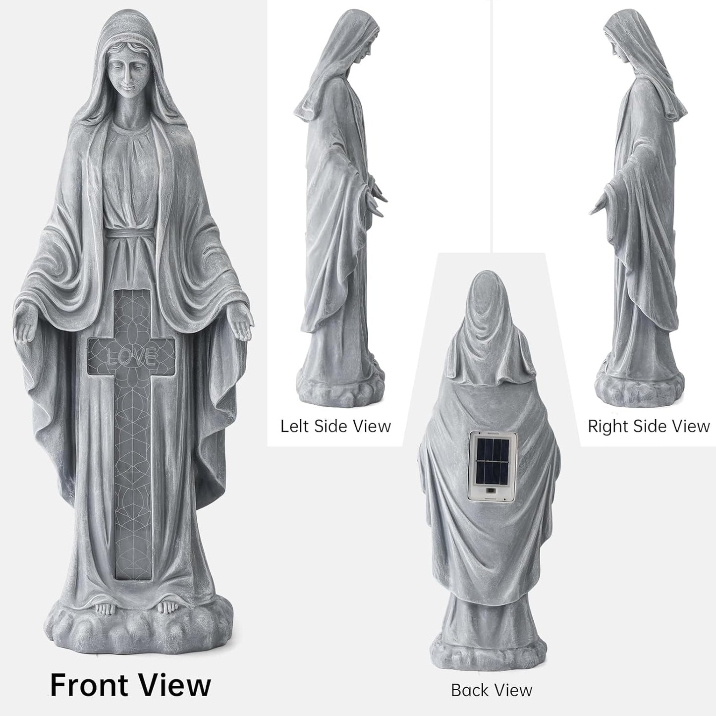 Solar Virgin Mary Praying Statue 27.9 Inch- Outdoor Religious Garden Decor with LED Lights, Weather-Resistant Magnesium Oxide Sculpture for Yard, Patio, Entryway （Gray Solar Virgin Mary）