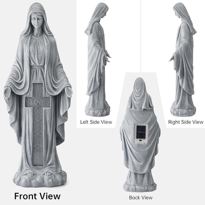 Solar Virgin Mary Praying Statue 27.9 Inch- Outdoor Religious Garden Decor with LED Lights, Weather-Resistant Magnesium Oxide Sculpture for Yard, Patio, Entryway （Gray Solar Virgin Mary）