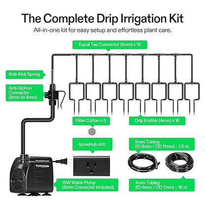 VIVOSUN Automatic Drip Irrigation Kit, Smart Watering System with 16 Drip Emitters, 4mm Fast Flow, App-Controlled A10 GrowHub, Quiet 15W Pump, Anti-Siphon & Filtered for Indoor & Outdoor Plants