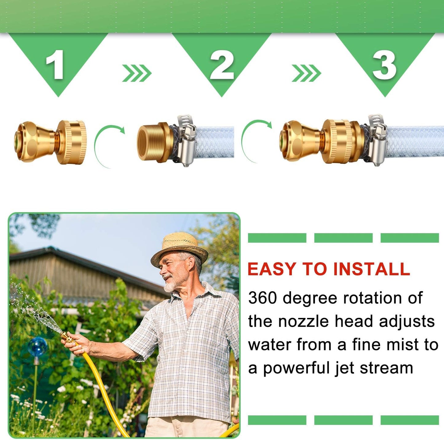 3 Pack Brass Nozzle Power Brass Hose Nozzle, Adjustable Twist Sprayer for Garden