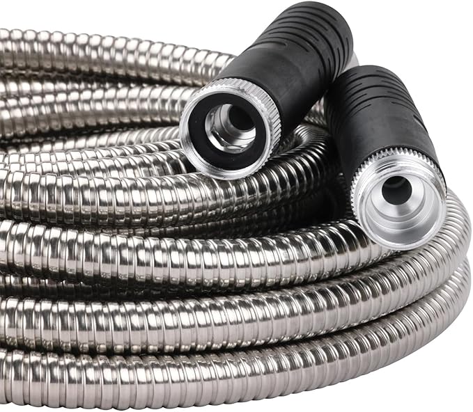 Melnor 97051AMZ XT Stainless Steel Garden Hose 5/8" x 50ft - Kink-Free - Lightweight - Rubberized Grips - Metal Twist Nozzle - Ultra Durable - Silver/Black