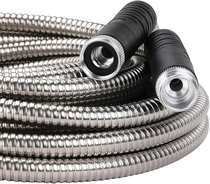 Melnor 97051AMZ XT Stainless Steel Garden Hose 5/8" x 50ft - Kink-Free - Lightweight - Rubberized Grips - Metal Twist Nozzle - Ultra Durable - Silver/Black