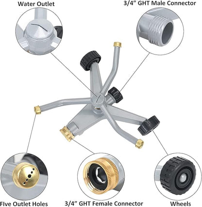 STYDDI Metal Rotating Water Sprinkler for Lawn, Heavy Duty Metal 3-Arms Whirling 360 Degree Automatic Rotary Sprinkler with Wheeled Base for Small Areas, Garden, Yard, Cover up to 1,384 Sq. ft.