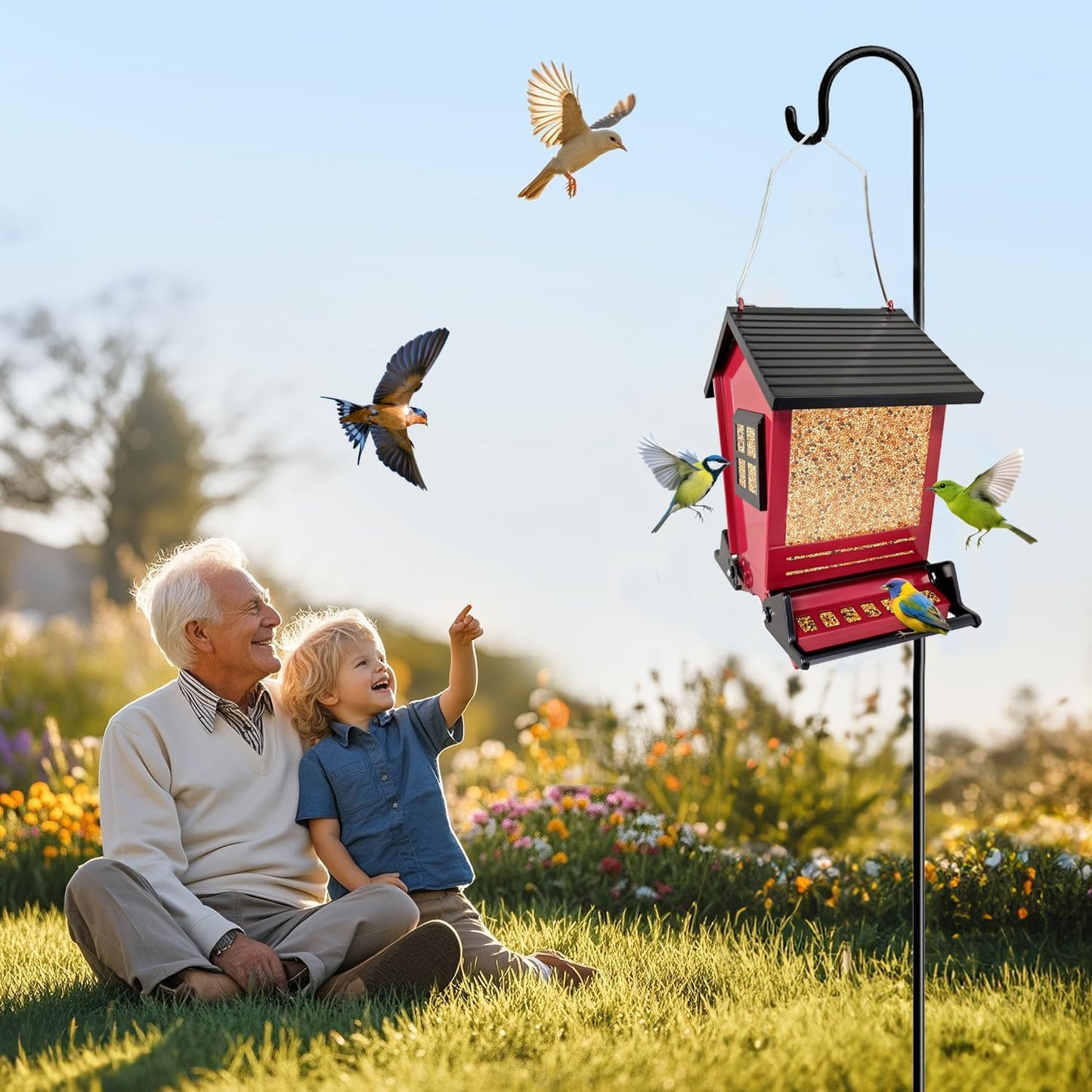 LSCQYYCC-Bird Feeder Squirrel Proof Metal Hanging for Outdoor Wild Bird Seed, with Bilateral Weight-Activated Perches, Large Feeder That Attracts Cardinals, Chickadees, and More Birds-One in red