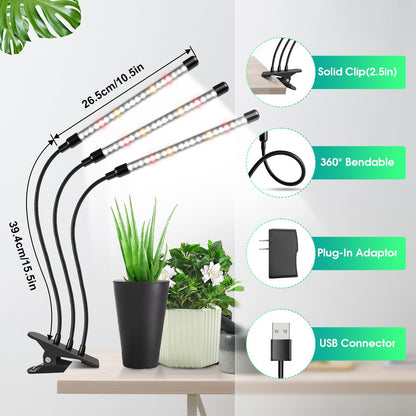 wolezek Grow Lights for Indoor Plants Full Spectrum, 6000K 3 Head Plant Lights Indoor, LED White Plant Grow Lamp with Clip, Auto ON & Off Timer 6/12/16H, 3 Light Modes, 5 Level Dimmable Brightness
