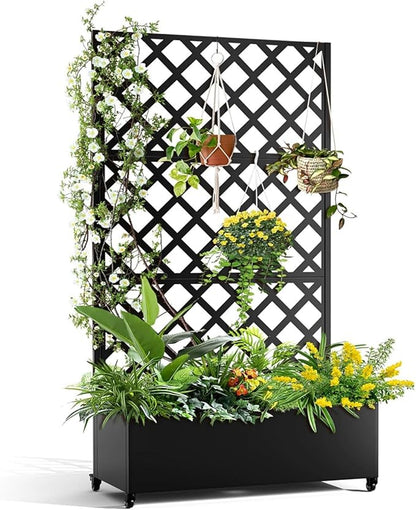 Metal Planter Box with Diamond Lattice Trellis - 72"x47" Galvanized Raised Garden Bed on Wheels for Climbing Plants and Vines, Black Finish