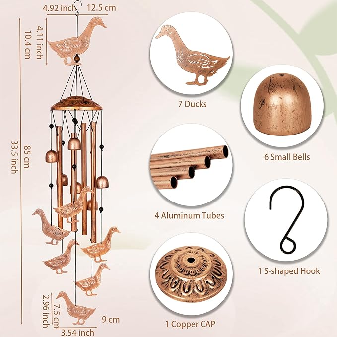 Duck Wind Chimes for Outside, Metal Windchimes Outdoors, Duck Gifts for Women/Men, Memorial/Birthday Gifts, Garden Decor for Outside, Patio or Yard, Durable Chimes for Outdoors