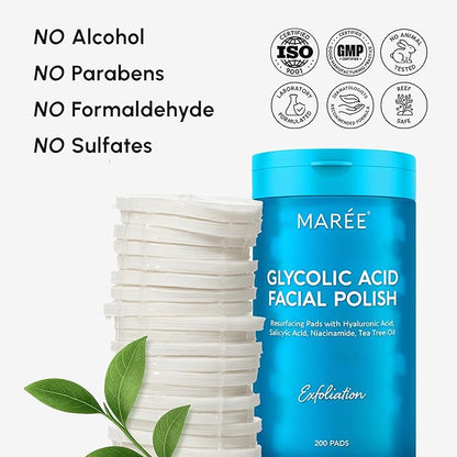 MAREE Glycolic Acid Pads – 200 Toner Pads for Face Cleansing – Facial Exfoliating Pad with Tea Tree Oil, Salicylic Acid & Vitamins E, B3, B5 – Acne Clearing Face Pad, Skin Pore Resurfacing & Radiance